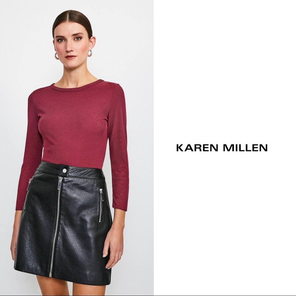 NEW Karen Millen Jersey Ribbed Tee in Berry